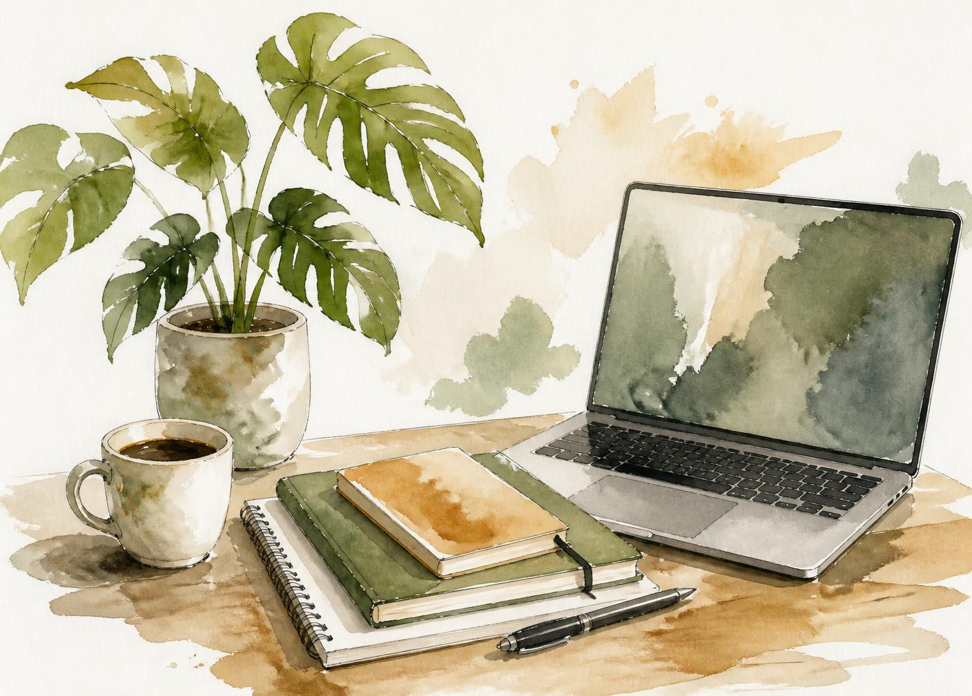 Illustration aquarelle d'un bureau avec carnets, ordinateur et plante tropicale