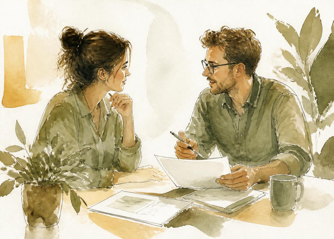 Illustration aquarelle de deux professionnels échangeant autour de documents