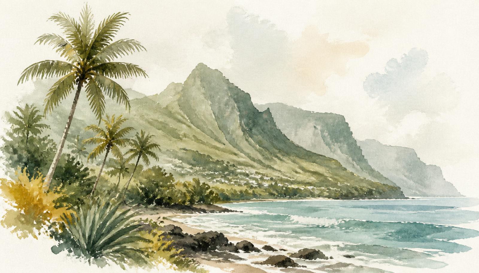 Illustration aquarelle du littoral et des montagnes de La Réunion
