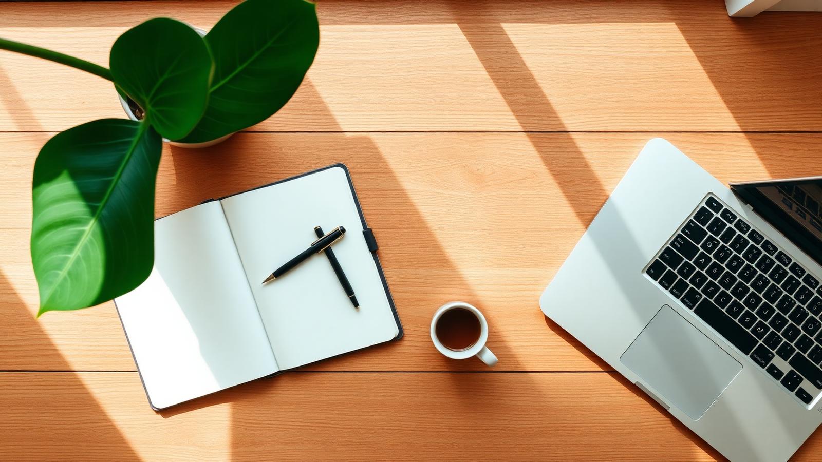 Bureau lumineux avec une plante tropicale, un carnet et un ordinateur